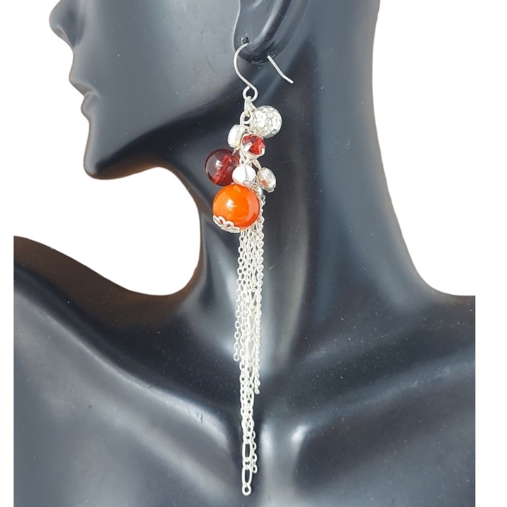 E2479 Silvertone & Red Cluster Beaded Statement Dangle Drop Earrings